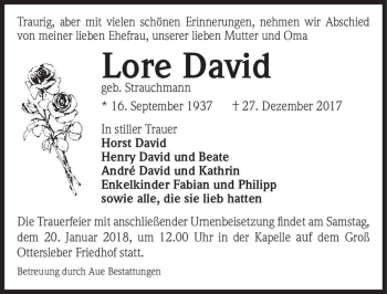 Traueranzeige von Lore David (geb. Strauchmann)  von Magdeburger Volksstimme