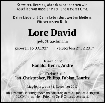 Traueranzeige von Lore David (geb. Strauchmann)  von Magdeburger Volksstimme