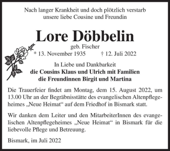 Traueranzeige von Lore Döbbelin (geb. Fischer)  von Magdeburger Volksstimme