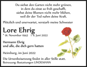Traueranzeige von Lore Ehrig  von Magdeburger Volksstimme