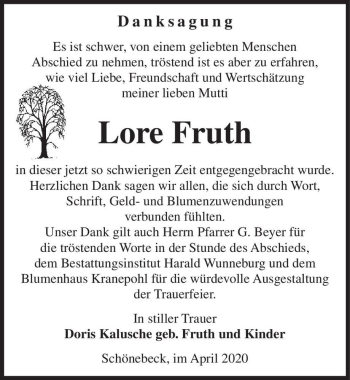 Traueranzeige von Lore Fruth  von Magdeburger Volksstimme