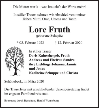 Traueranzeige von Lore Fruth (geb. Schapitz)  von Magdeburger Volksstimme