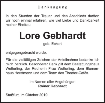 Traueranzeige von Lore Gebhardt (geb. Eckert)  von Magdeburger Volksstimme
