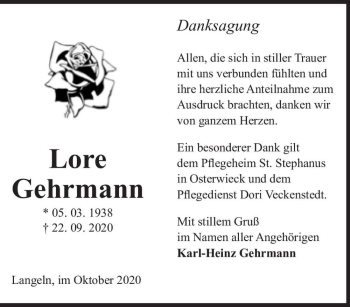Traueranzeige von Lore Gehrmann  von Magdeburger Volksstimme