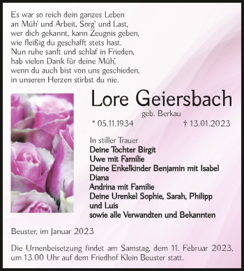 Traueranzeige von Lore Geiersbach (geb. Berkau)  von Magdeburger Volksstimme