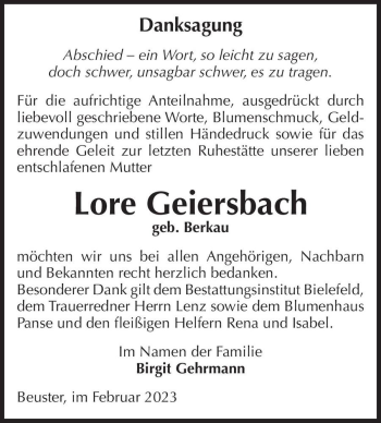 Traueranzeige von Lore Geiersbach (geb. Berkau)  von Magdeburger Volksstimme