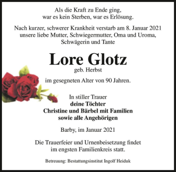 Traueranzeige von Lore Glotz (geb. Herbst)  von Magdeburger Volksstimme