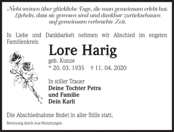 Traueranzeige von Lore Harig (geb. Kunze)  von Magdeburger Volksstimme