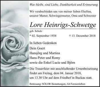 Traueranzeige von Lore Heinrigs-Schwetge (geb. Schulz)  von Magdeburger Volksstimme