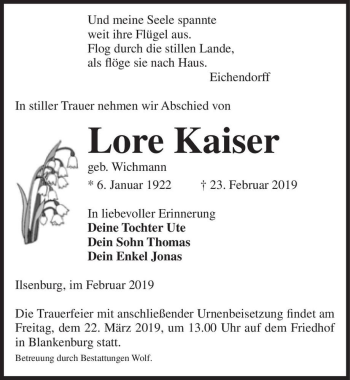 Traueranzeige von Lore Kaiser (geb. Wichmann)  von Magdeburger Volksstimme