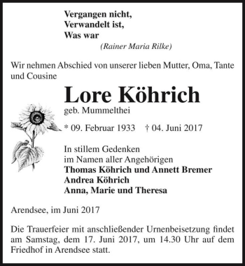 Traueranzeige von Lore Köhrich (geb. Mummelthei)  von Magdeburger Volksstimme