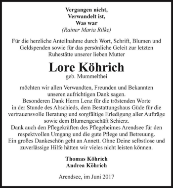 Traueranzeige von Lore Köhrich (geb. Mummelthei)  von Magdeburger Volksstimme