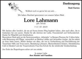 Traueranzeige von Lore Lahmann (geb. Schulz)  von Magdeburger Volksstimme