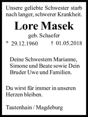 Traueranzeige von Lore Masek (geb. Schaefer)  von Magdeburger Volksstimme
