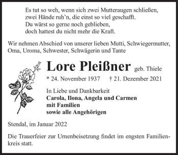 Traueranzeige von Lore Pleißner (geb. Thiele)  von Magdeburger Volksstimme