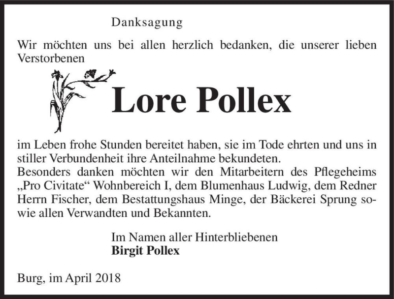  Traueranzeige für Lore Pollex  vom 21.04.2018 aus Magdeburger Volksstimme