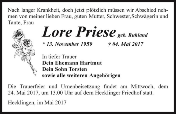 Traueranzeige von Lore Priese (geb. Ruhland)  von Magdeburger Volksstimme