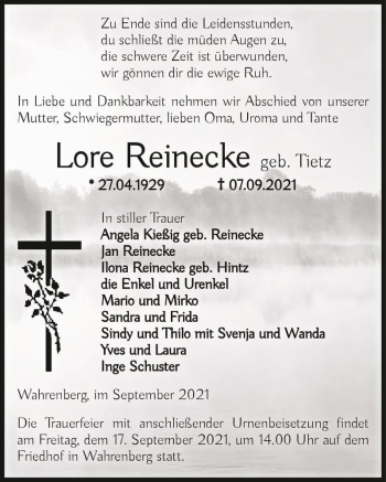 Traueranzeige von Lore Reineck (geb. Tietz)  von Magdeburger Volksstimme