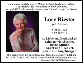 Traueranzeige von Lore Riester (geb. Kossack)  von Magdeburger Volksstimme