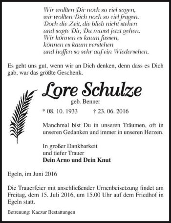 Traueranzeige von Lore Schulze (geb. Benner)  von Magdeburger Volksstimme