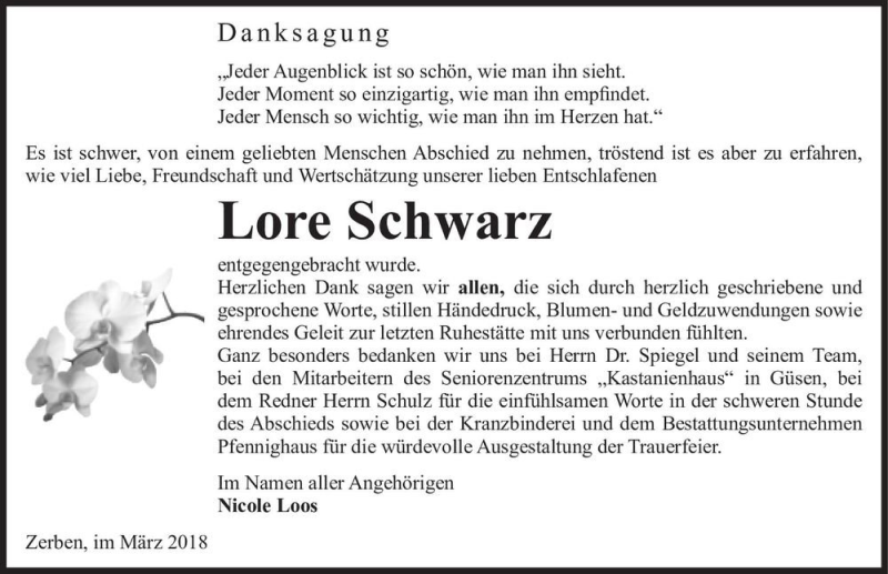  Traueranzeige für Lore Schwarz  vom 24.03.2018 aus Magdeburger Volksstimme