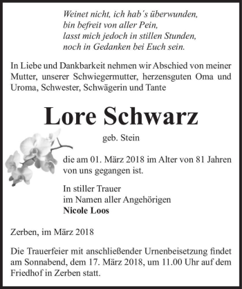 Traueranzeige von Lore Schwarz (geb. Stein)  von Magdeburger Volksstimme