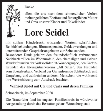 Traueranzeige von Lore Seidel  von Magdeburger Volksstimme