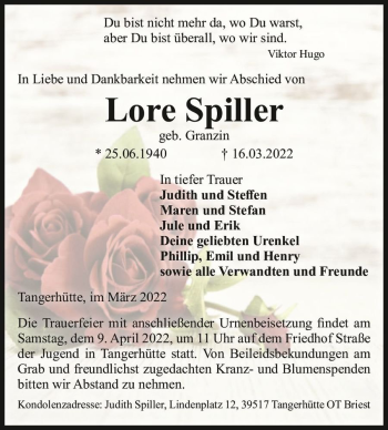 Traueranzeige von Lore Spiller (geb. Granzin)  von Magdeburger Volksstimme