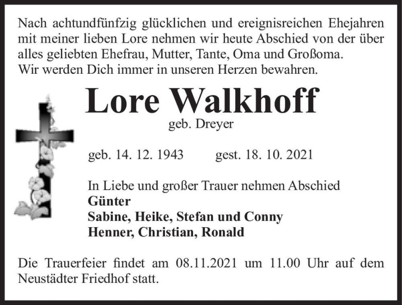  Traueranzeige für Lore Walkhoff (geb. Dreyer)  vom 30.10.2021 aus Magdeburger Volksstimme