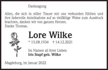 Traueranzeige von Lore Wilke  von Magdeburger Volksstimme