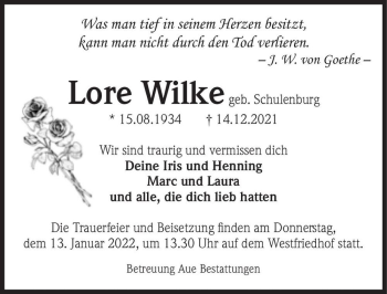 Traueranzeige von Lore Wilke (geb. Schulenburg)  von Magdeburger Volksstimme