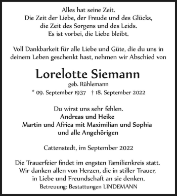 Traueranzeige von Lorelotte Siemann (geb. Rühlemann)  von Magdeburger Volksstimme