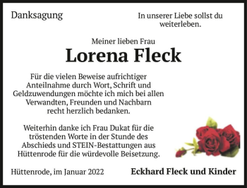 Traueranzeige von Lorena Fleck  von Magdeburger Volksstimme