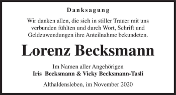 Traueranzeige von Lorenz Becksmann  von Magdeburger Volksstimme