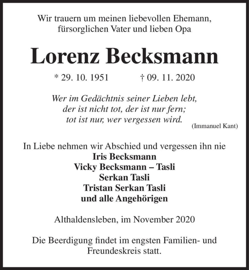  Traueranzeige für Lorenz Becksmann  vom 11.11.2020 aus Magdeburger Volksstimme