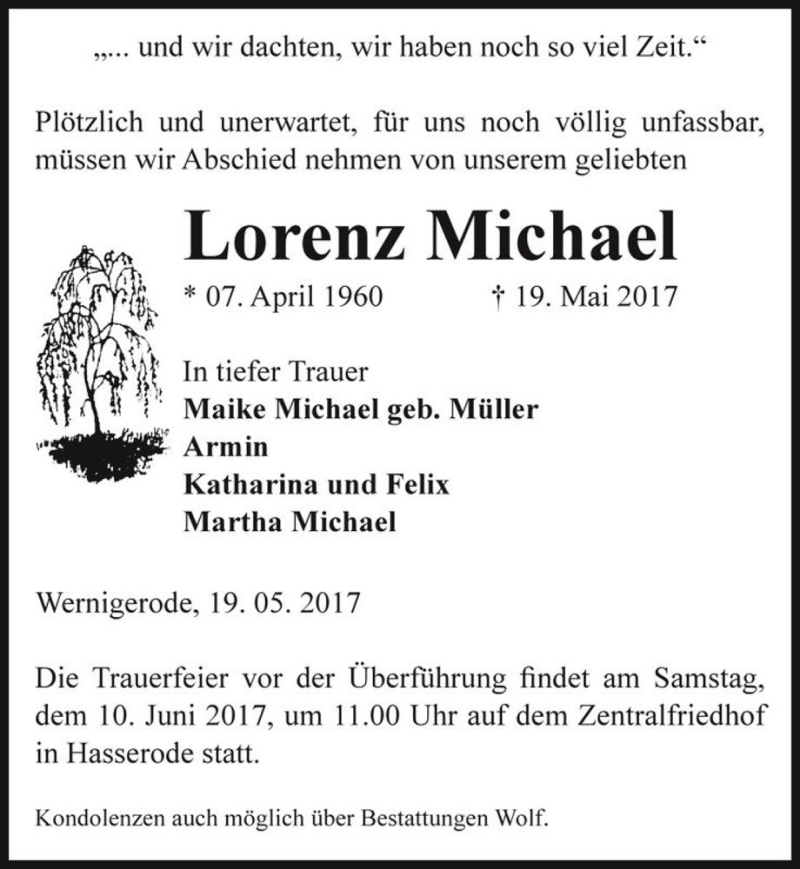  Traueranzeige für Lorenz Michael  vom 27.05.2017 aus Magdeburger Volksstimme