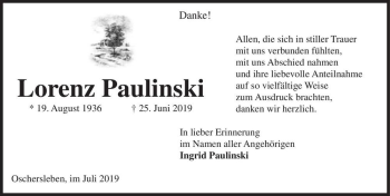 Traueranzeige von Lorenz Paulinski  von Magdeburger Volksstimme