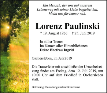 Traueranzeige von Lorenz Paulinski  von Magdeburger Volksstimme