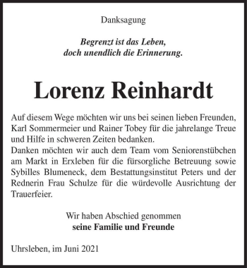 Traueranzeige von Lorenz Reinhardt  von Magdeburger Volksstimme