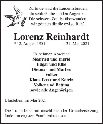 Traueranzeige von Lorenz Reinhardt  von Magdeburger Volksstimme