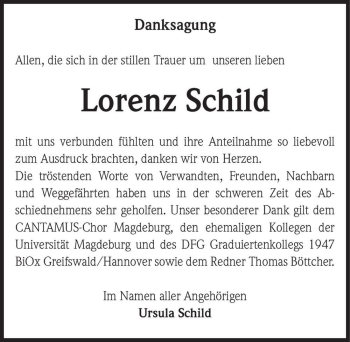 Traueranzeige von Lorenz Schild  von Magdeburger Volksstimme