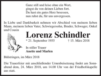 Traueranzeige von Lorenz Schindler  von Magdeburger Volksstimme