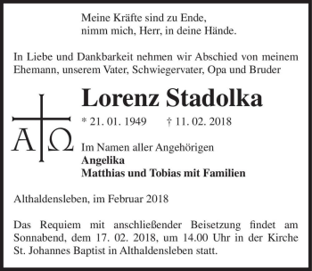 Traueranzeige von Lorenz Stadolka  von Magdeburger Volksstimme