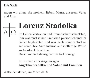 Traueranzeige von Lorenz Stadolka  von Magdeburger Volksstimme