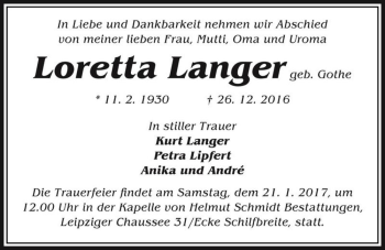 Traueranzeige von Loretta Langer (geb. Gothe)  von Magdeburger Volksstimme