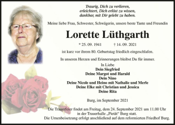 Traueranzeige von Lorette Lüthgarth  von Magdeburger Volksstimme