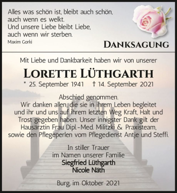 Traueranzeige von Lorette Lüthgarth  von Magdeburger Volksstimme
