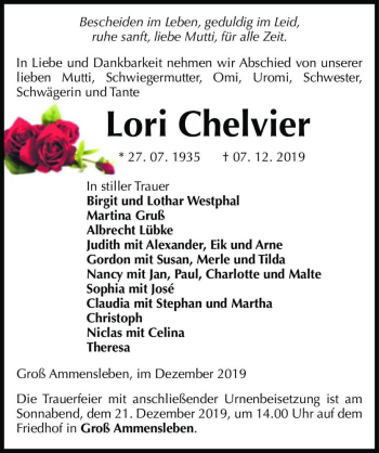 Traueranzeige von Lori Chelvier  von Magdeburger Volksstimme