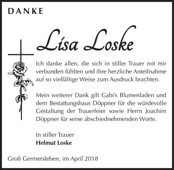 Traueranzeige von Loske Lisa  von Magdeburger Volksstimme