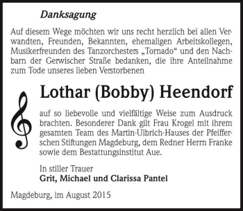Traueranzeige von Lothar (Bobby) Heendorf  von Magdeburger Volksstimme